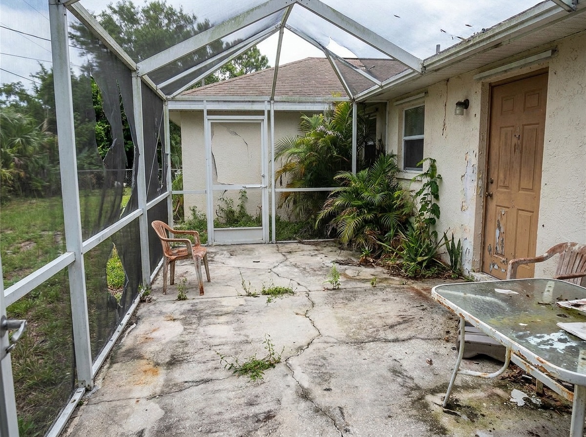 Torn, damaged screened lanai before rebuild