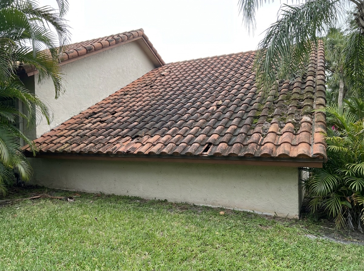 Worn, aged barrel-tile roof before replacement